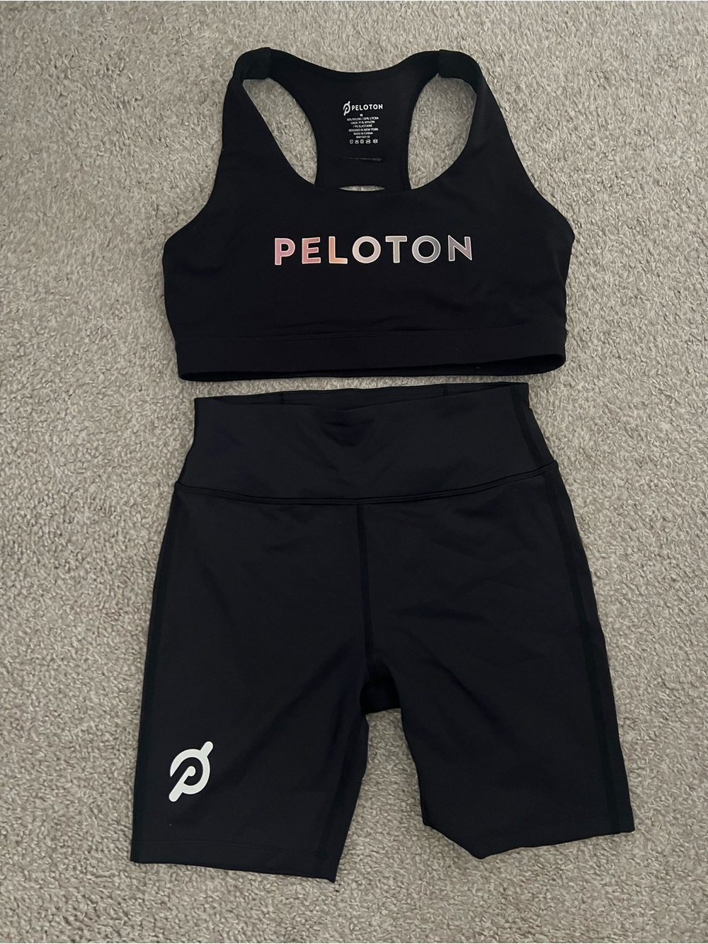 Peloton Black High-Rise Bike Shorts and Bra set with White Logo